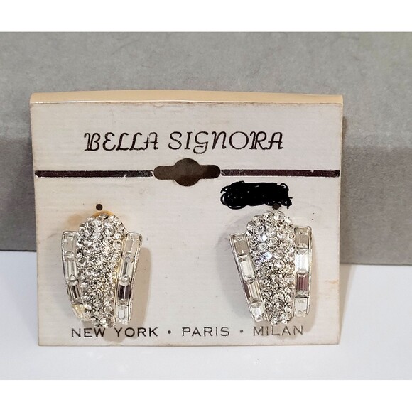 Vintage Rhinestone Silver Tone Clip On Earrings Bella Signora Baguette Round - Picture 1 of 9